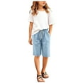 thumbnail image 4 of 2Pcs 3T Girl Clothes Summer Clothes Teens Girls Shorts Cotton Linen Kids Casual Drawstring Shorts Elastic Waist Short Pants Solid Clothes Baggy, 4 of 6