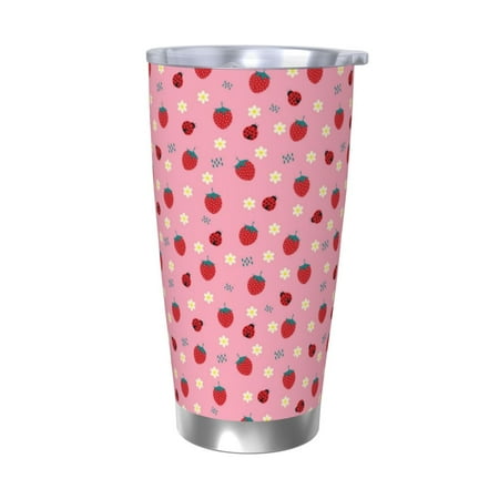 

Uemuo Strawberry and Ladybugs Print Travel Coffee Mug 20oz Double-walled Car Cup Stainless Steel Insulated Tumbler Leak-proof Travel Cup Reusable Straw Car Cup-Without Straw