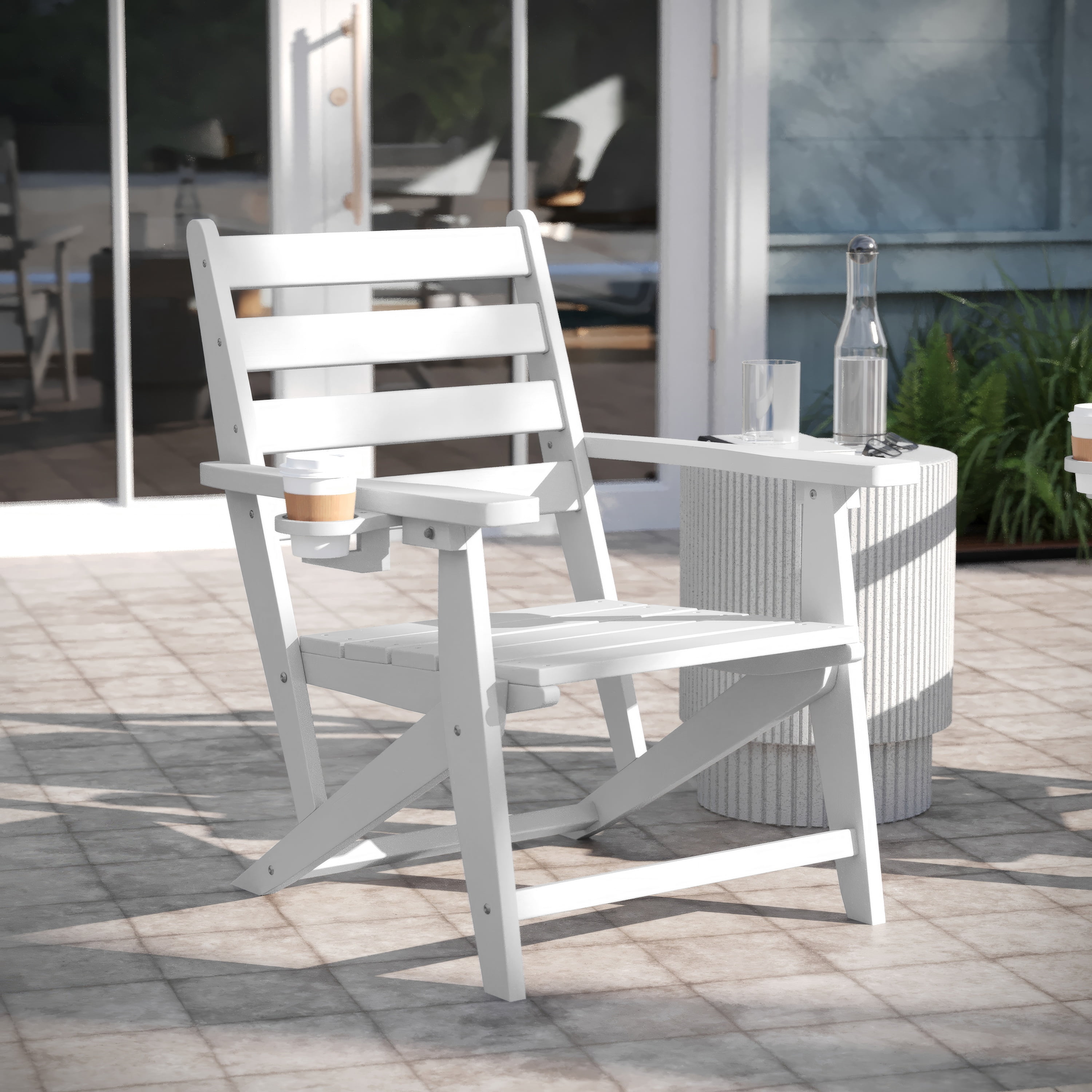 Emma + Oliver Adirondack Dining Chair with Fold Out Cup Holder, Weather Resistant Recycled HDPE Adirondack Chair in White