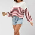 thumbnail image 5 of Women'S Striped Colorblock Knitted Sweater Long Sleeve Round Neck Fashion Oversized Sweater Red XL, 5 of 7