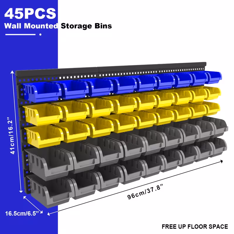 Wall-Mounted Storage Rack System with Bins and Brackets - 45 Pcs Heavy Duty Garage & Workshop Tool Organizer, Stackable for Screws, Nuts, Bolts, Nails, Beads & Small Hardware, Easy Installation