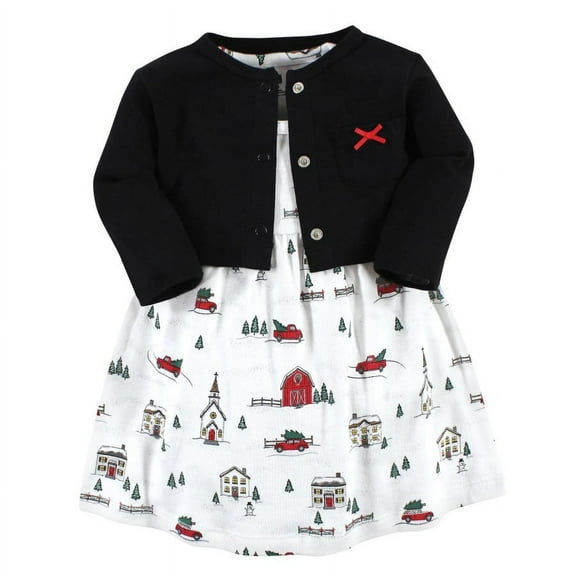 Hudson Baby Baby Girls Cotton Dress and Cardigan Set, Christmas Scene, 0-3 Months