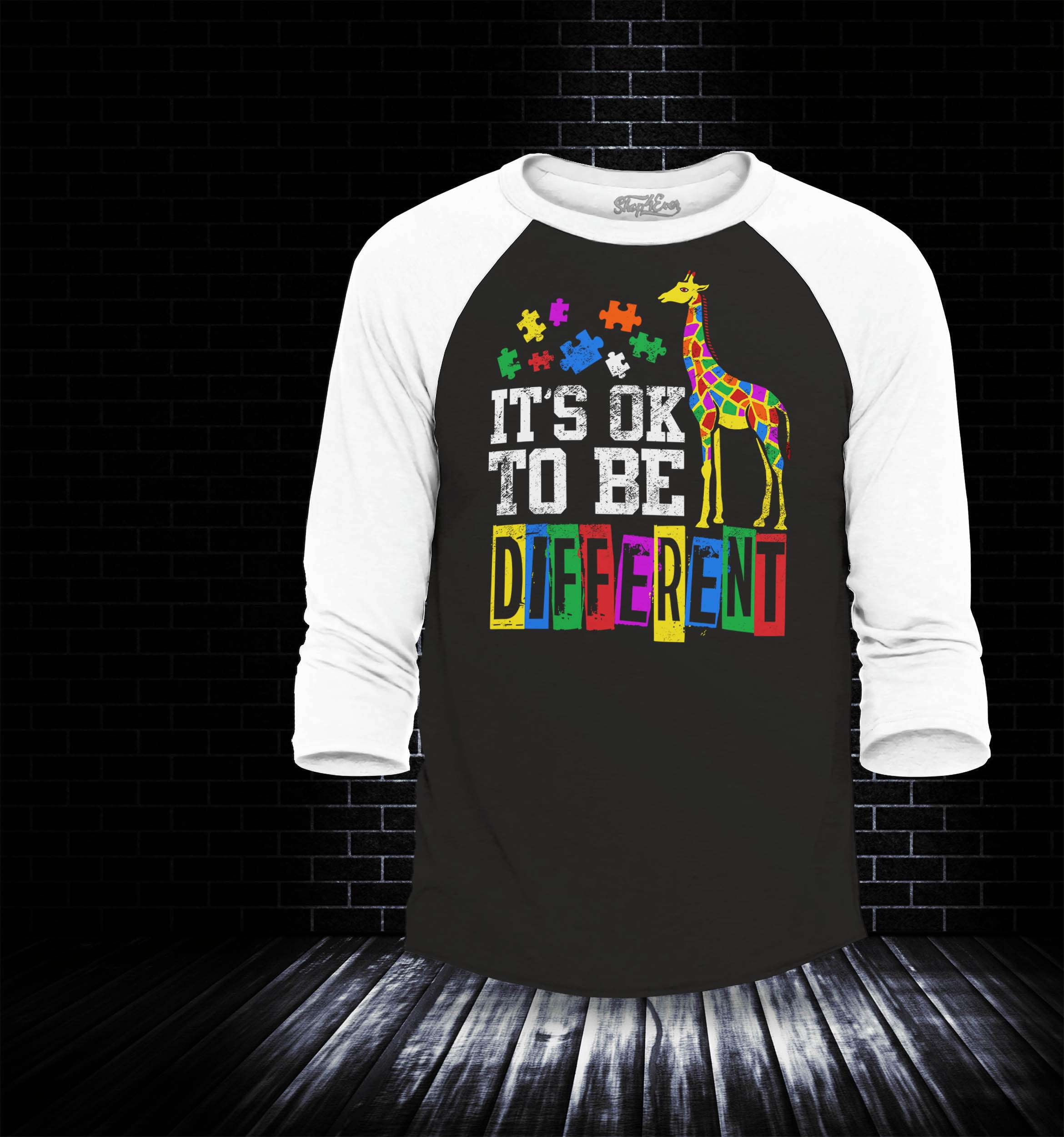 Shop4Ever Men's It's OK to Be Different Autism Awareness Giraffe Raglan Baseball Shirt Large Black/White