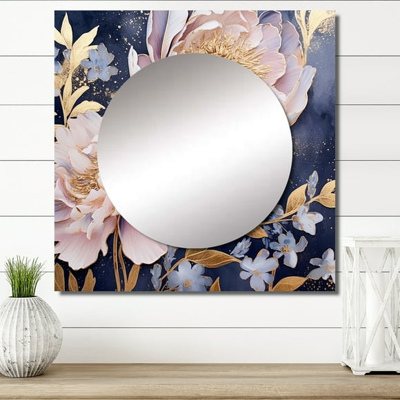 Designart "Vintage Pink Peonies On A Blue Background" POPPIES Blue Large Square Mirror - Square Bedroom Mirror Printed Wall Decor - Traditional Square Printed Wall Mirror Art