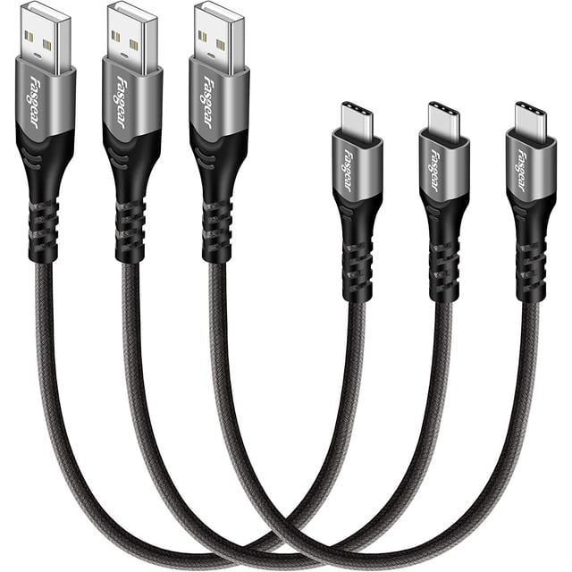 Fasgear USB C Short Cables 30cm,3 Pack Fast Charging Braided USB A to Type C 2.0 Charger Cords Compatible for Sam-Sung Galaxy S21 Ultra Note 20 S10 Plus S9 S8,Nexus 5X,One-Plus 3,Huawei P20,1ft(Gray)