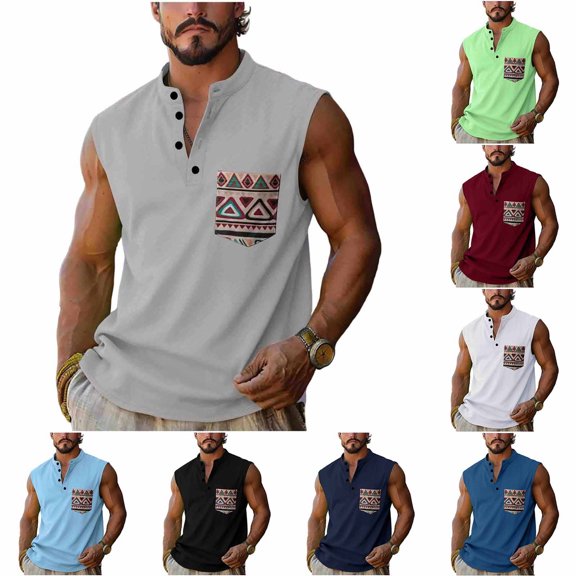 BRGZLK Men's Tank Tops Casual Fashion Sports Print Undershirts Summer Sleeveless Workout Gym Shirts with Button Up Pocket