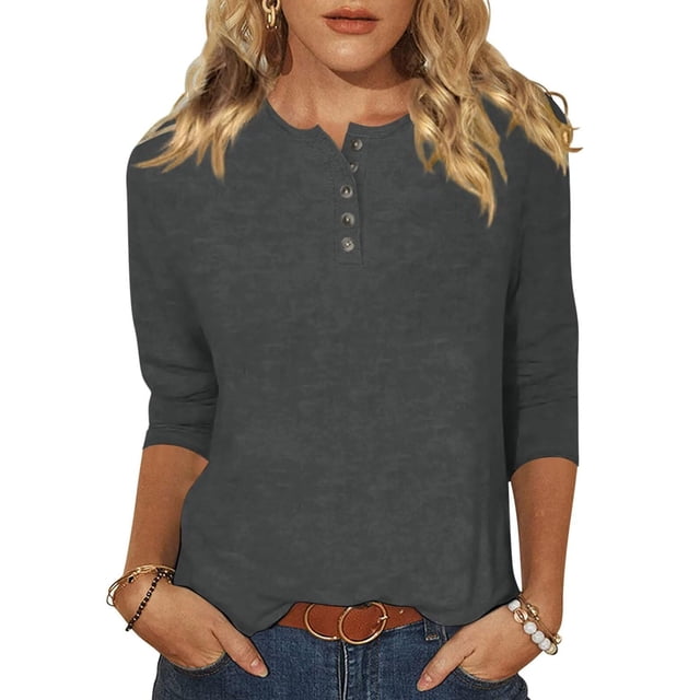 Yuyuzo Womens 3/4 Sleeve Tops Basic Button Crew Neck Solid Color Loose Fitted Tunics Tee Blouses