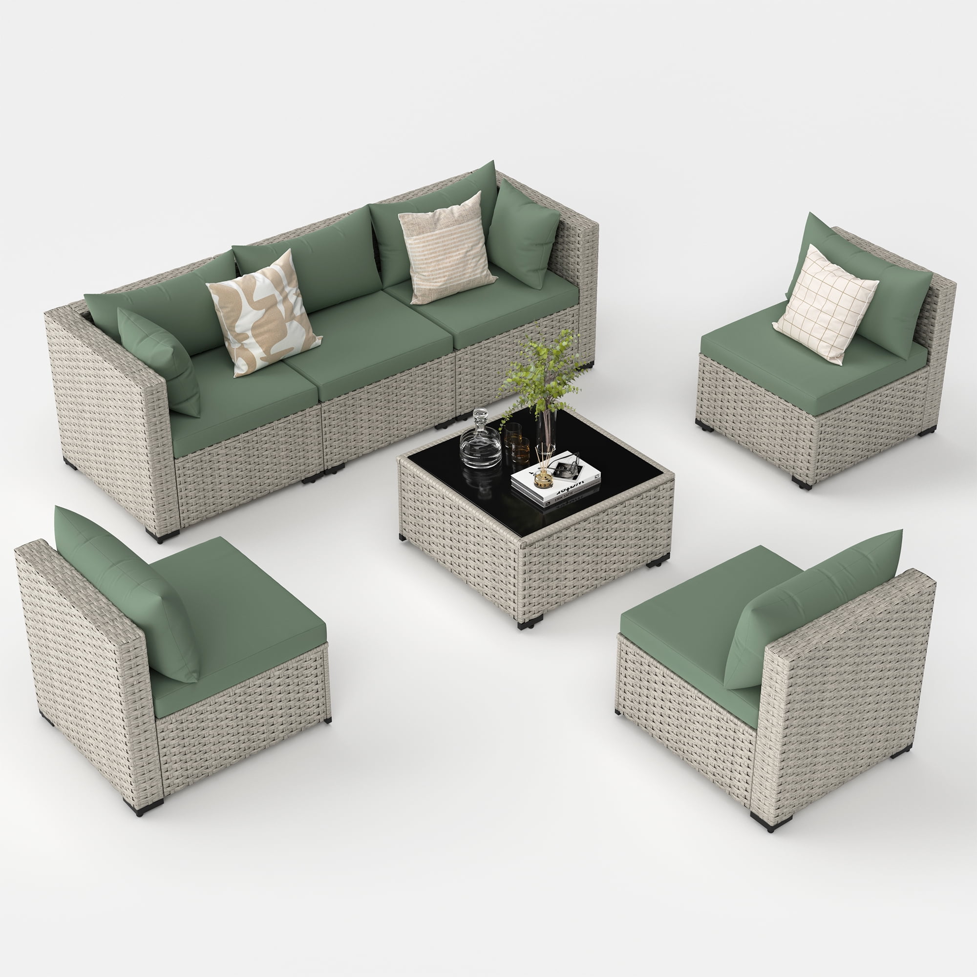 MRUAKA 7 Pieces Patio Conversation Set, Outdoor Sectional PE Rattan Wicker Furniture Seat,Light Green