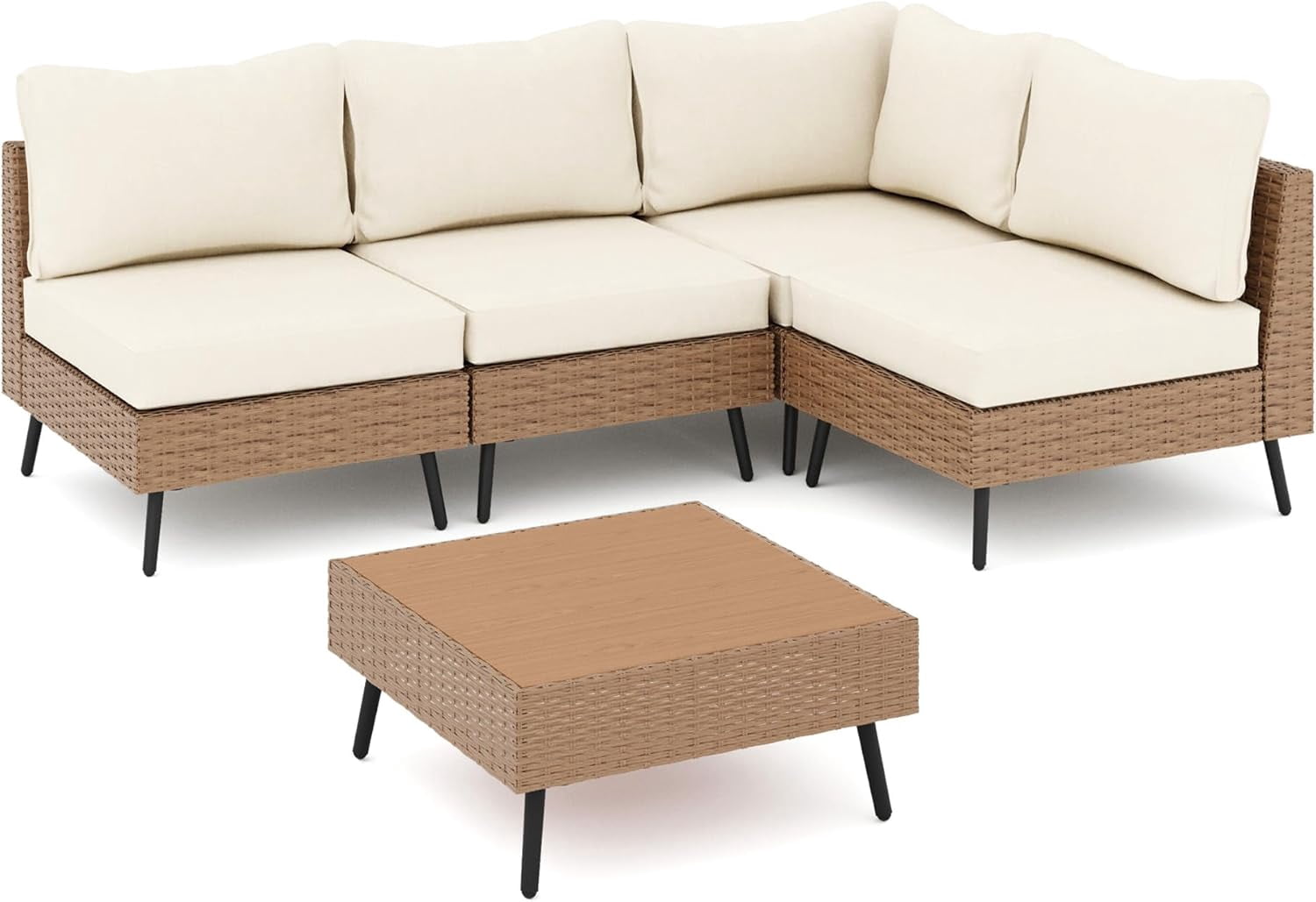 KAMEROUT 5 Pieces Outdoor Furniture Set, Patio Rattan Sectional Conversation Set with 4 Chairs and 1 Table, Beige Cushions