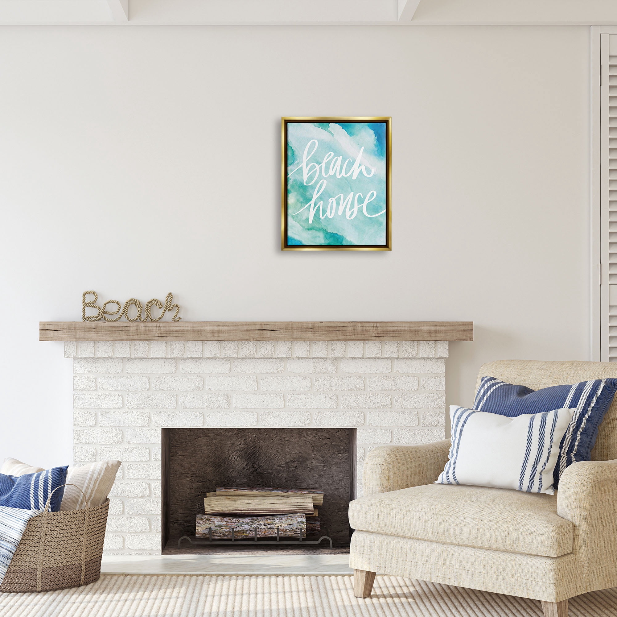 Stupell Industries Beach House Watercolor Phrase Nature Painting Gold Floater Framed Art Print Wall Art, 17 x 21