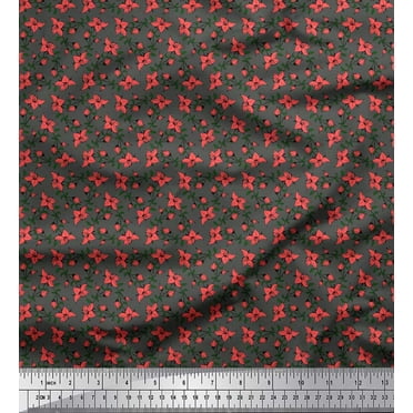 Soimoi Gray Cotton Duck Fabric Leaves & Bunchberry Floral Fabric Prints By Yard 44 Inch Wide