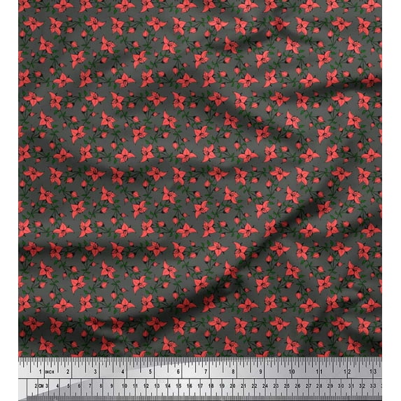 Soimoi Gray Cotton Duck Fabric Leaves & Bunchberry Floral Fabric Prints By Yard 44 Inch Wide