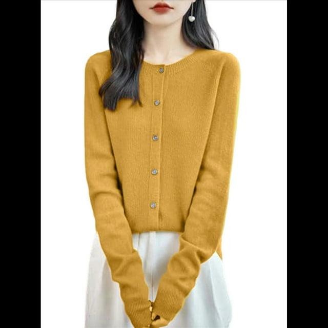 Suéter de Larga con Cuello Redondo de Color Liso para Mujer, Chaqueta de Punto Combinable para y Otoño Amarillo Mostaza XXL