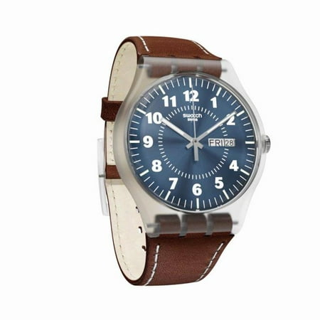 Swatch Unisex Vent Bralant 41mm Brown Leather Band Plastic Case Swiss Quartz Blue Dial Watch SUOK709