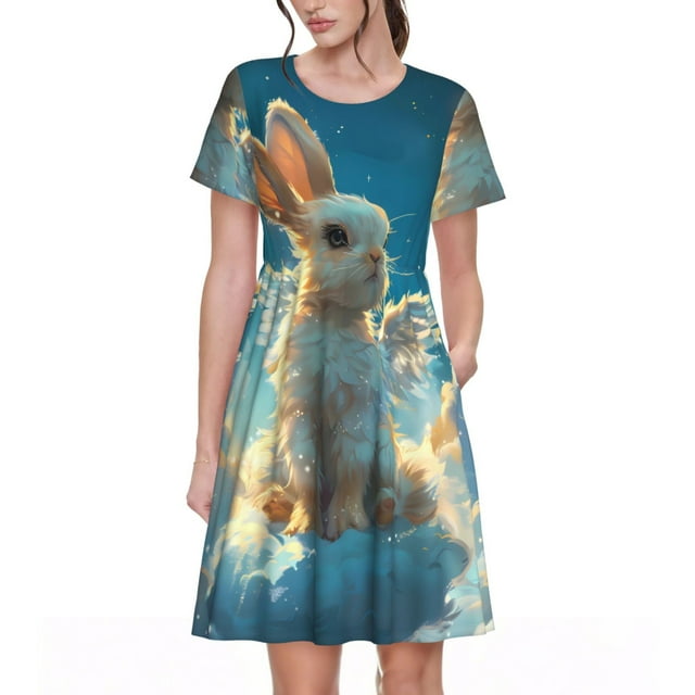 Fotbe Cute Angel Winged Rabbit Vestido Largo de Moda para Mujer, Vestido Tipo Camiseta con Manga Corta y Estilo Casual a Rayas y Bloques de Color