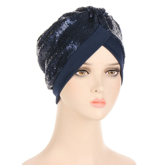 Caywon Elegant Women Sparkling Turban Bonnet Muslim Headscarf Caps Party Foldable Knit Ladies Breathable Headtie(Navy,One Size)