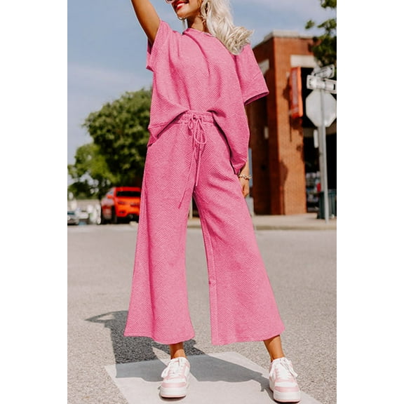 Strawberry Pink Textured Loose Fit T Shirt and Drawstring Pants Set