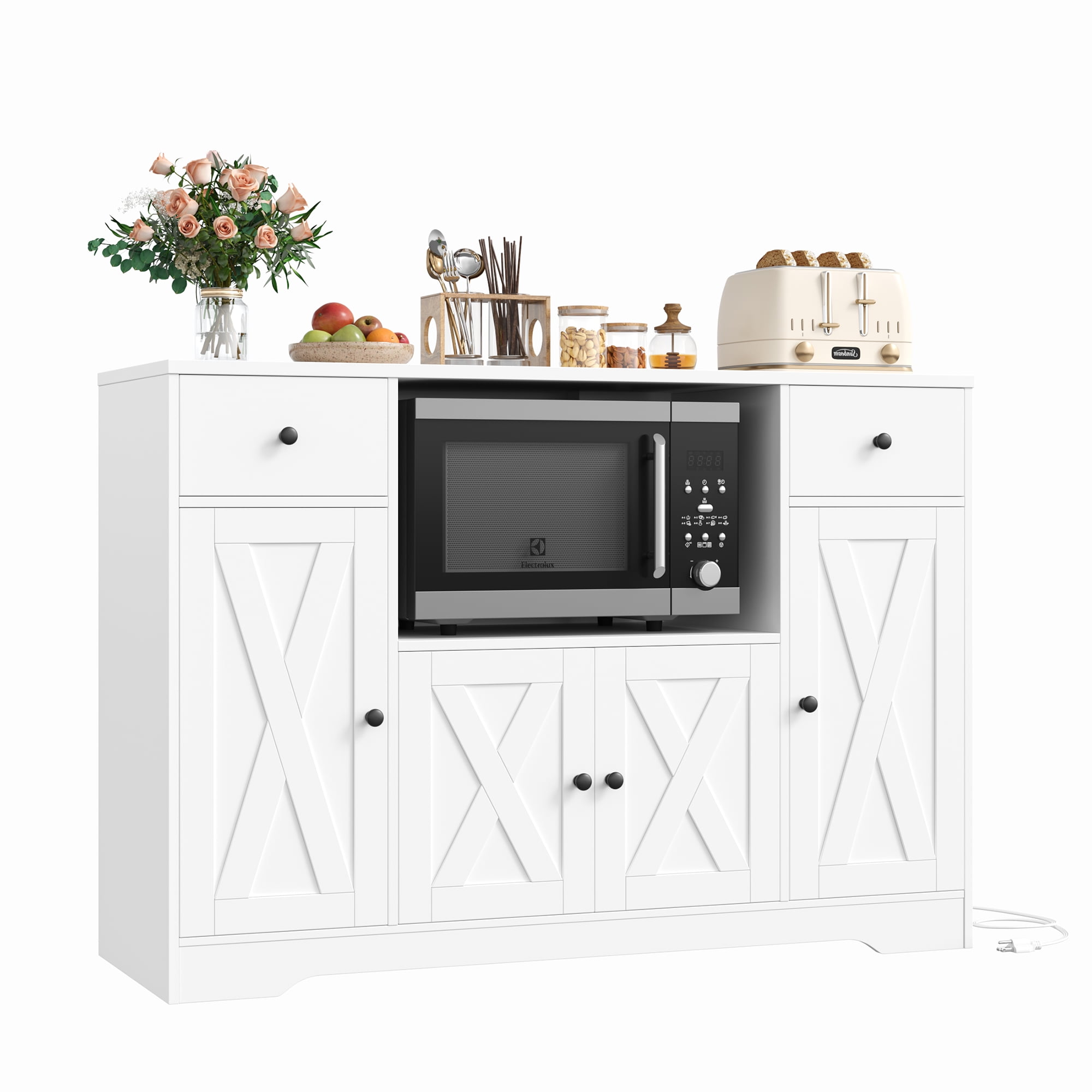 Homfa Kitchen Buffet Cabinet with Microwave Shelf, 47" W Sideboard with Charging Station, Microwave Coffee Buffet for Kitchen Dining Room, White