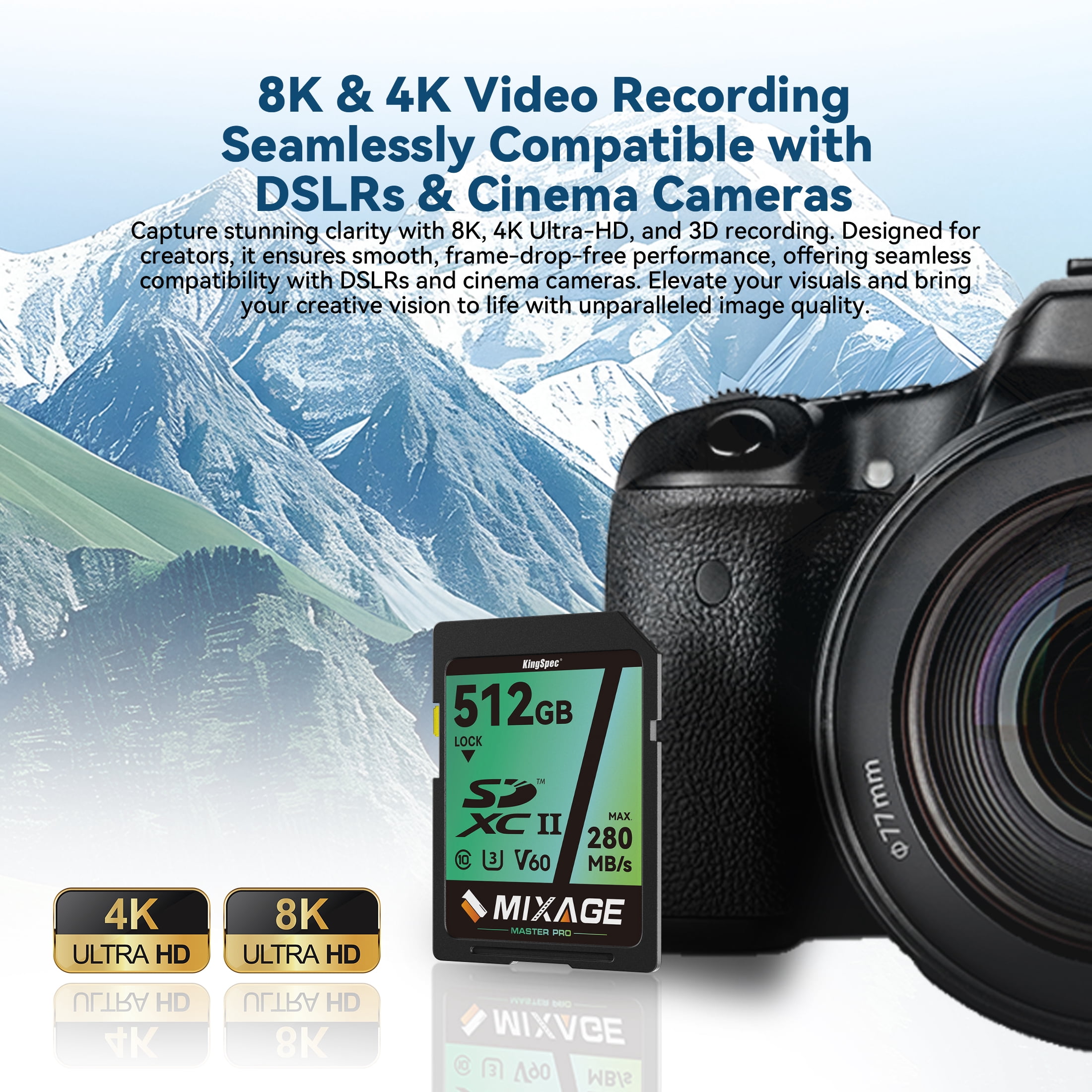 KingSpec MIXAGE 256GB SDXC U3 V60 A1 C10 UHS-II, 280MB/s Read 195MB/s Write 4K UHD Flash Memory Card SD Card for Cameras