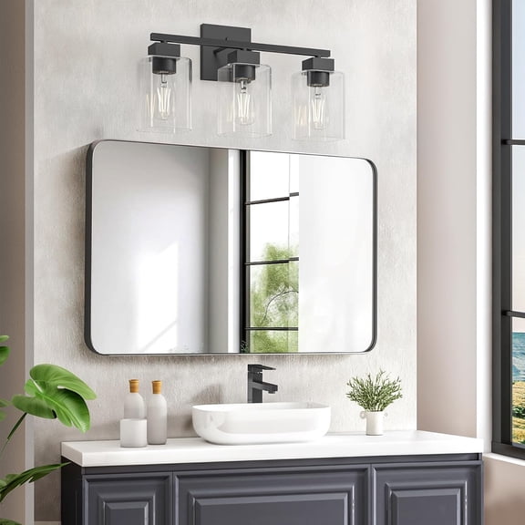 3-Light Matte Black Bathroom Vanity Light, Modern Square Wall Fixture with Clear Glass Shades, UL-Certified Lighting Over Mirror, E26 Base (Bulbs Not Included)