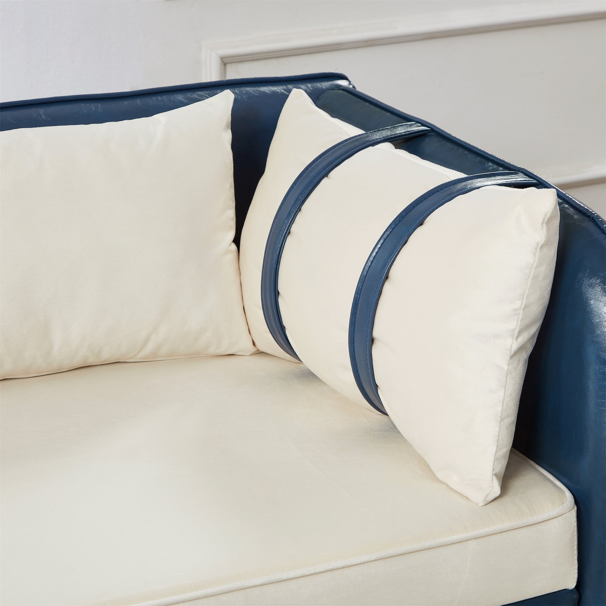 Aukfa 65" Storage Chaise Lounge Indoor Leather Sofa for Living Room Bedroom, Wooden Legs, 2 Pillows, Blue & Beige
