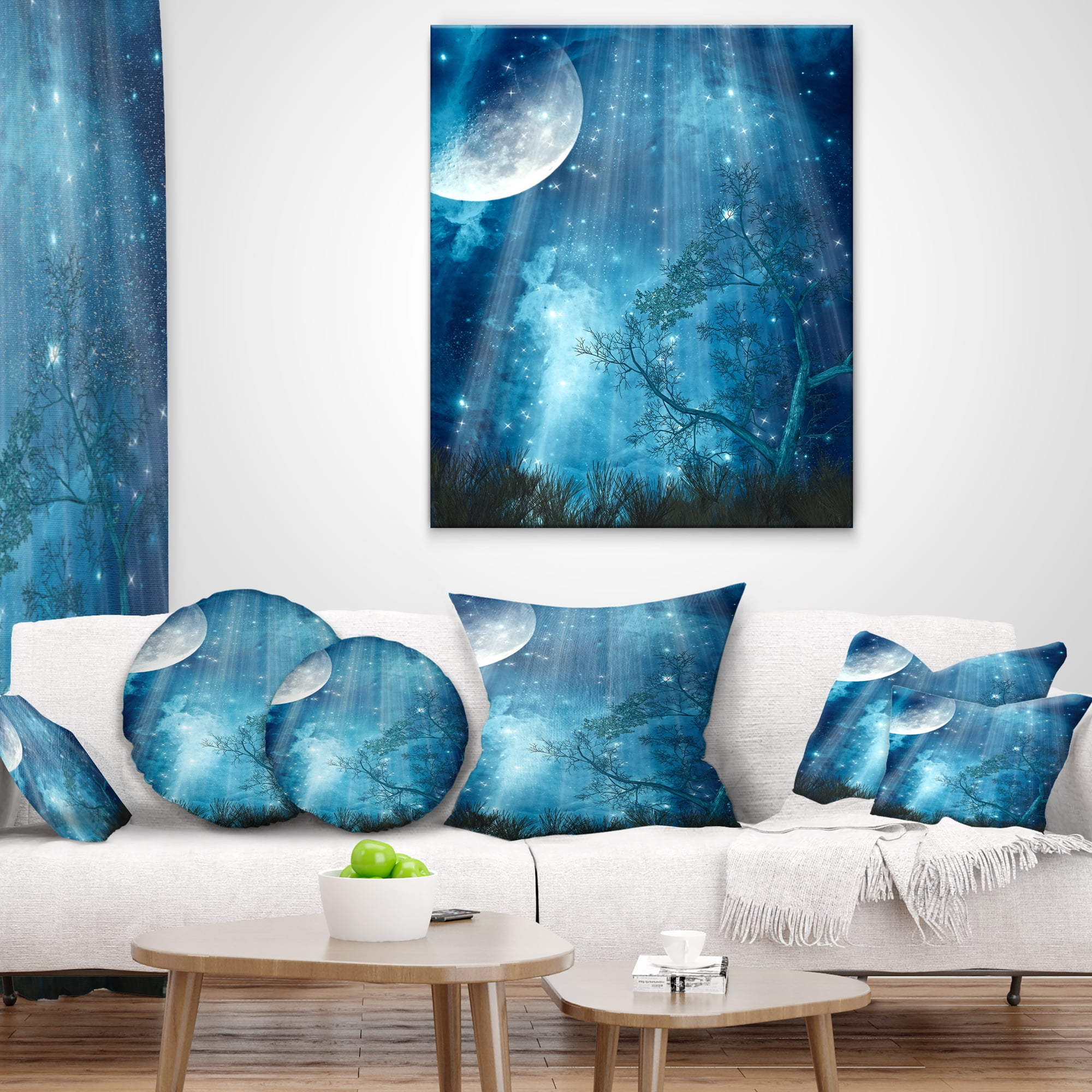 Designart Big Moon in Blue Forest - Landscape Printed Throw Pillow - 18x18