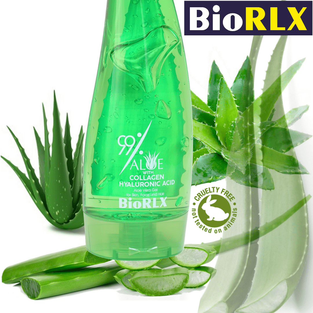 Omhoog voedsel Onderscheiden BioRLX 99% Purity Aloe Vera Gel with Collagen and Hyaluronic Acid for Face,  Body and Hair & Soothing, Moisture, Sun Burns, Anti Wrinkle, Anti Aging,  Rashes, Razor Bumps, Dry Skin 8.5 oz. -