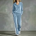 thumbnail image 2 of Tqcoqu Women's 2 Piece Velour Tracksuit,V Neck Hooded Long Sleeve Top & Wide Leg Pants with Side Stripe,Casual Loungewear Plus Size Outfit Set,Light Blue Women's S-XXL, 2 of 6