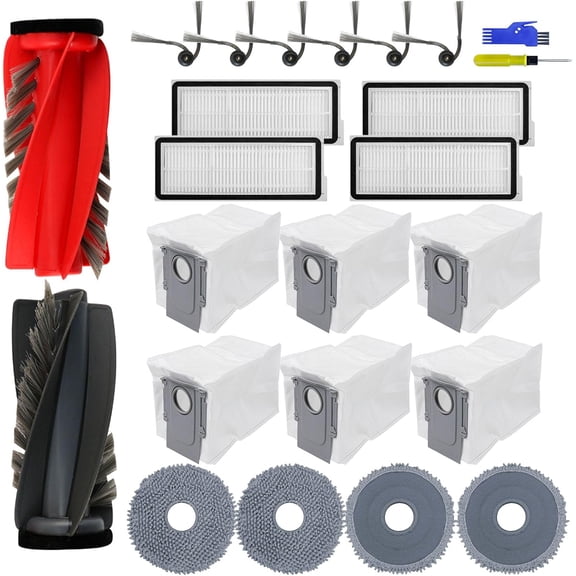 24PCS Replacement Parts Kit for Roborock Qrevo Curv Edge S5X S5A S5V, 2 Main Brushes, 4 HEPA Filters, Mop Pads, 6 Side Brushes, Dust Bags