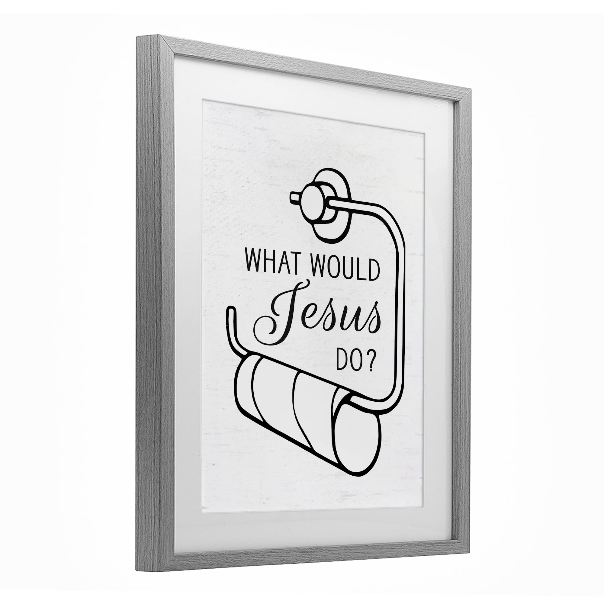 What Would Jesus Do Toilet Paper Gray Framed Print Under Glass, design by Lettered and Lined