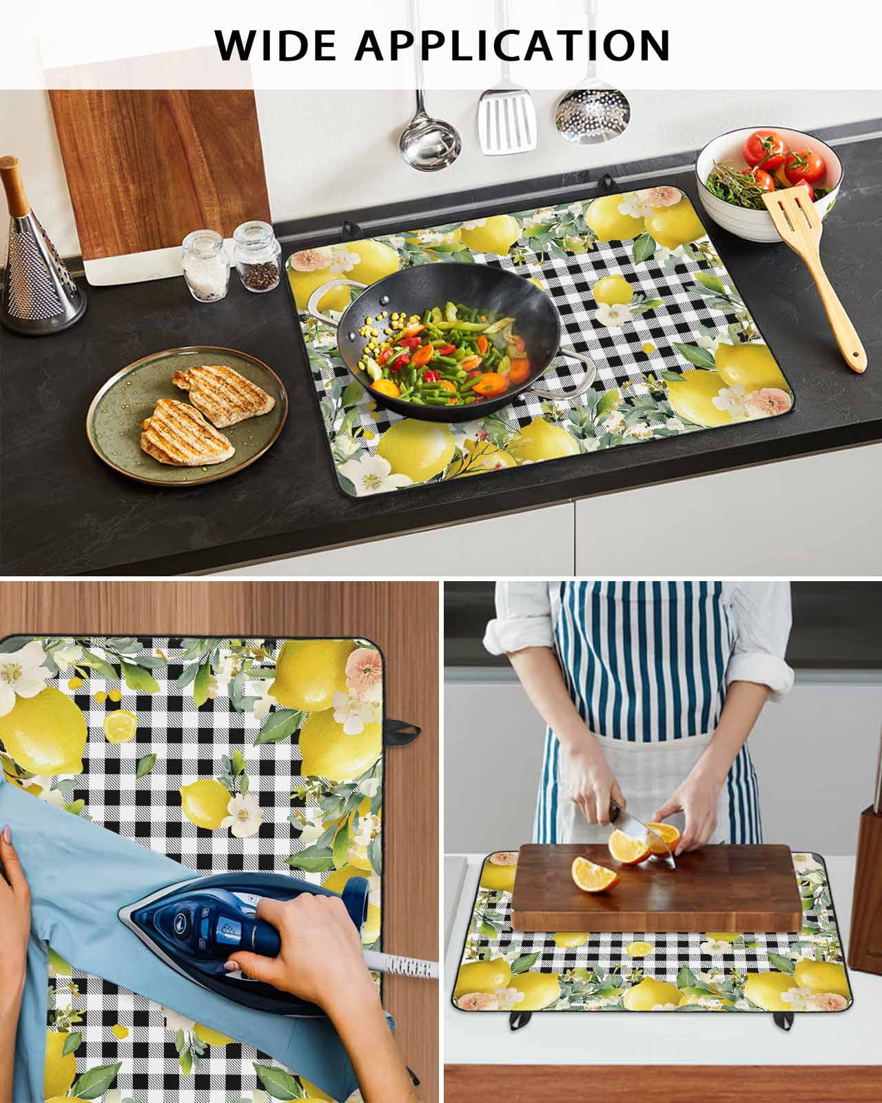 nqOlkjepod Large Induction Cooktop Protector Mat 24"x21", Lemon Farmhouse Stove Top Covers for Electric Stove, Summer Fruit Botanical Black Checked Stove Burner Cover Mats, Glass Top Stove Cover