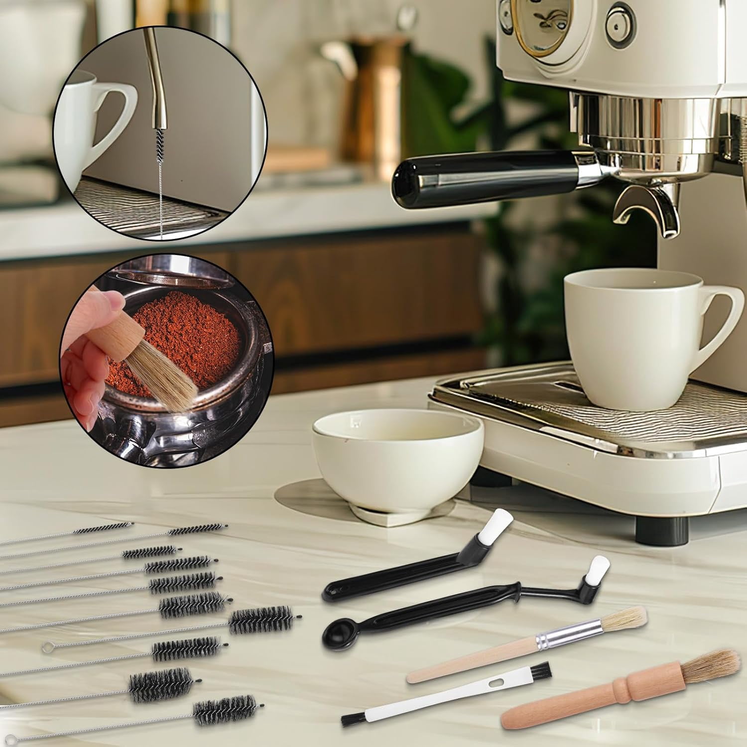15pcs Coffee Machine Cleaning Brush Kit, Espresso Machine Cleaning Tools Set with 10 Size Detail Clean Brushes Accessories for Water Bottles Glasswares Mugs Coffee Pots Cups