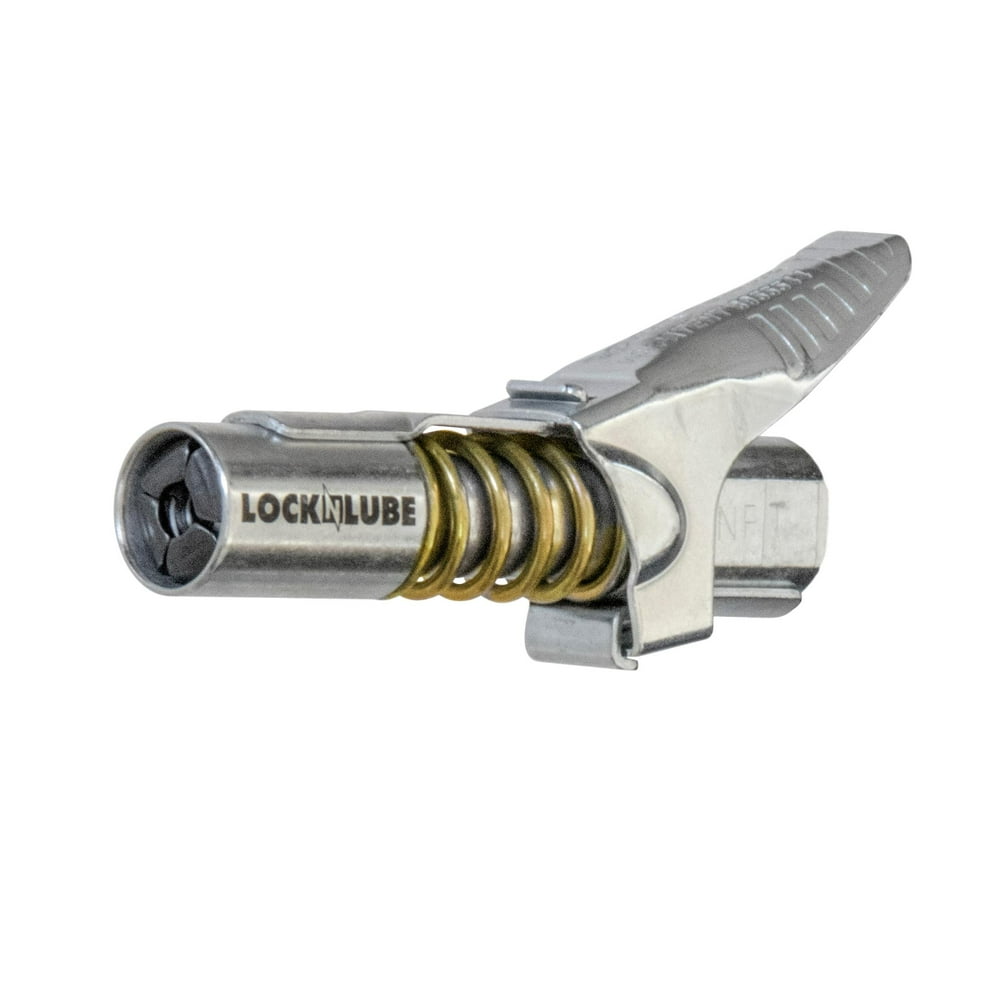 LockNLube Grease Gun Coupler locks onto Zerk fittings. Rated 10,000 PSI