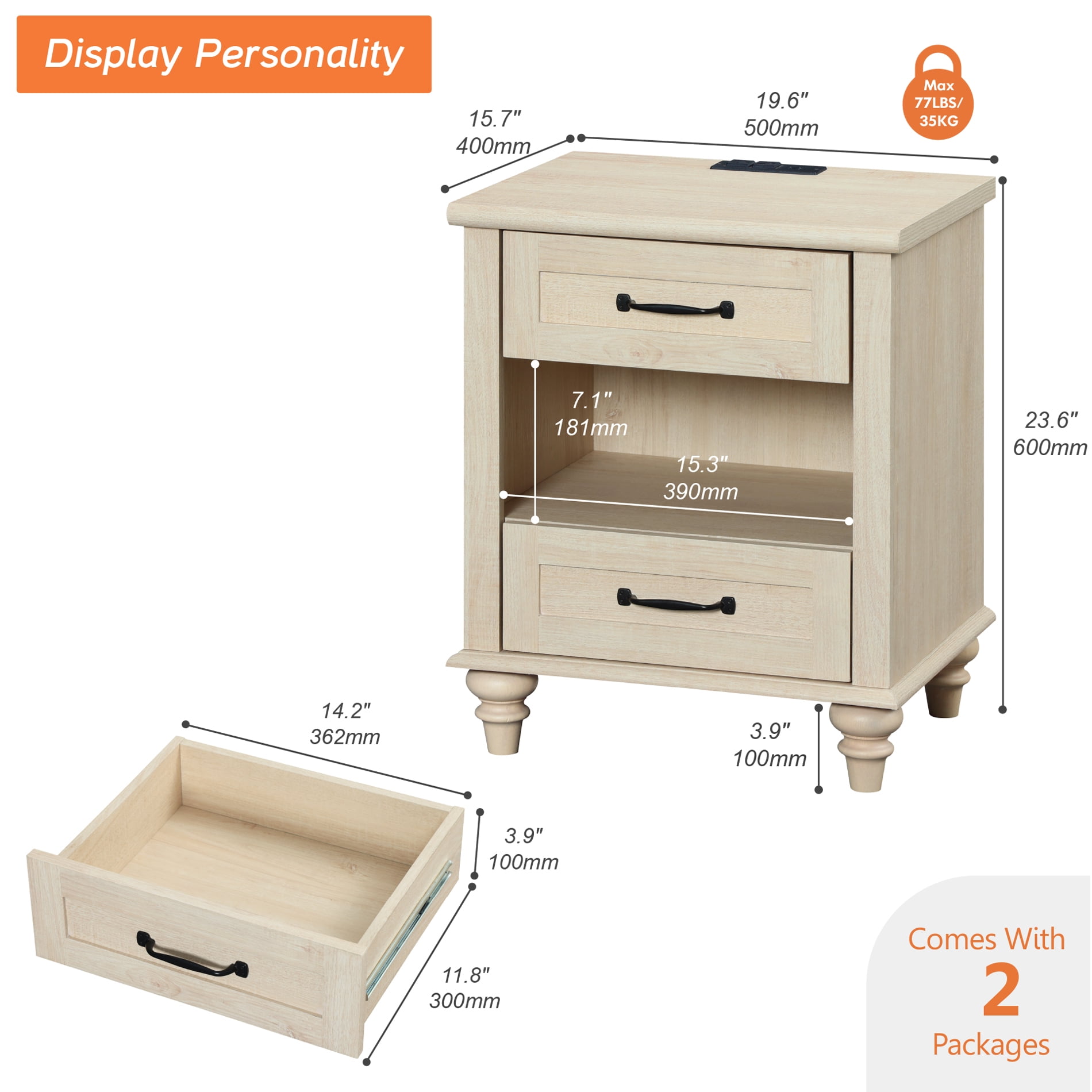Set of 2 Side Tables with 2 Drawers, Beige End Table with Charging Station, Wooden Nightstand for Bedroom, Living Room