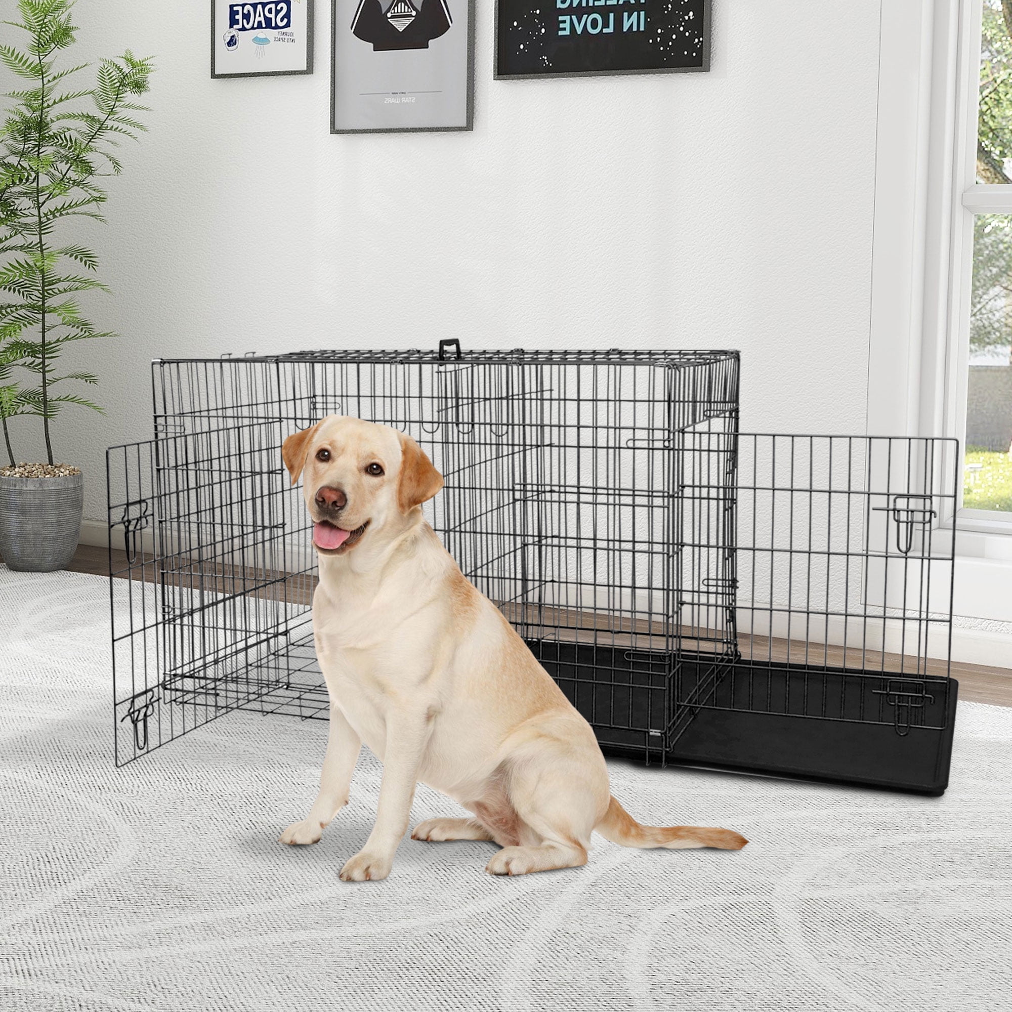 YRLLENSDAN 42 inch Dog Crate, Dog Crates and Kennels Foldable Large Dog Crate for Large Dogs with Handle Double-Door Outdoor Metal Wire Dog Cage with Plastic Tray for Medium Dogs, Black