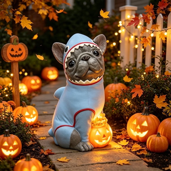 Clearance Gunhay Halloween Decoration, Cute Halloween French Bulldog Figurine in Shark Costume with Light Up Pumpkin, 7.87" Resin Dog Statue, Waterproof Indoor Outdoor Decor
