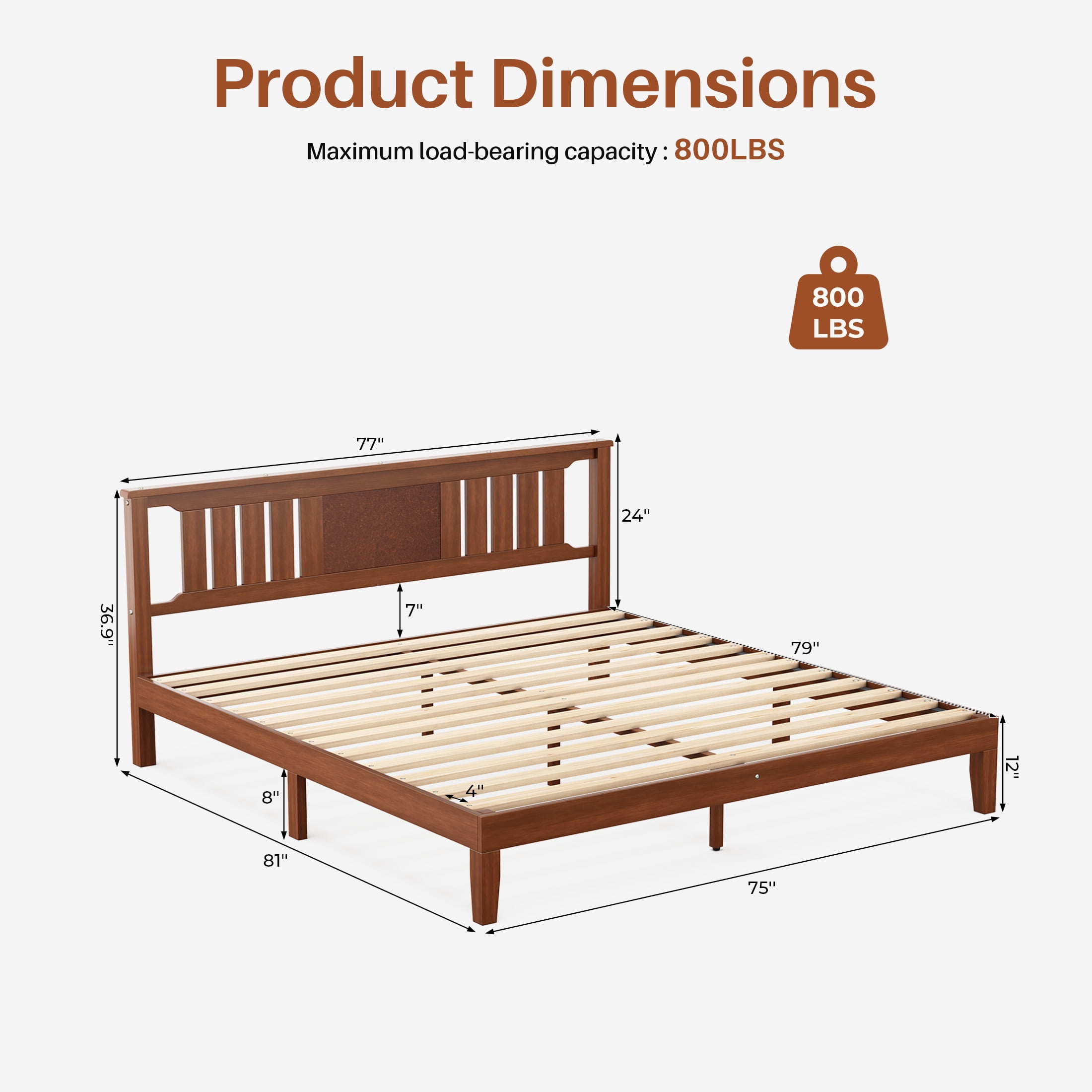 Gianna Bed Frame Platform Style with Solid Wood Slat Support, Durable Foundation for Mattress, King