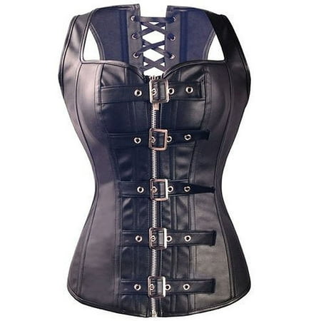VASLANDA Faux Leather Steampunk Corset Dress Sexy Hollow Lace Bustier Skirt Overbust Shoulder Straps Cincher Lingerie