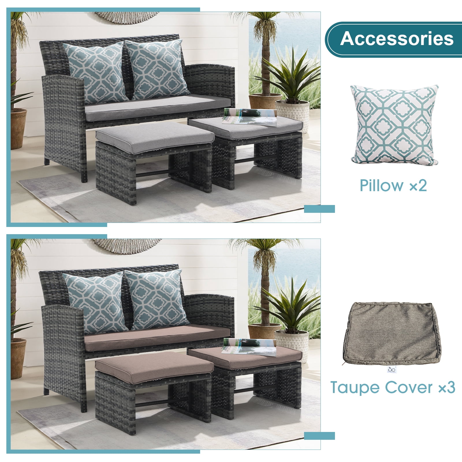 JOIVI Outdoor Loveseat Patio Furniture Rattan Conversation Set, with Ottoman, Pillows Included, Grey Wicker, Light Gray Cushions