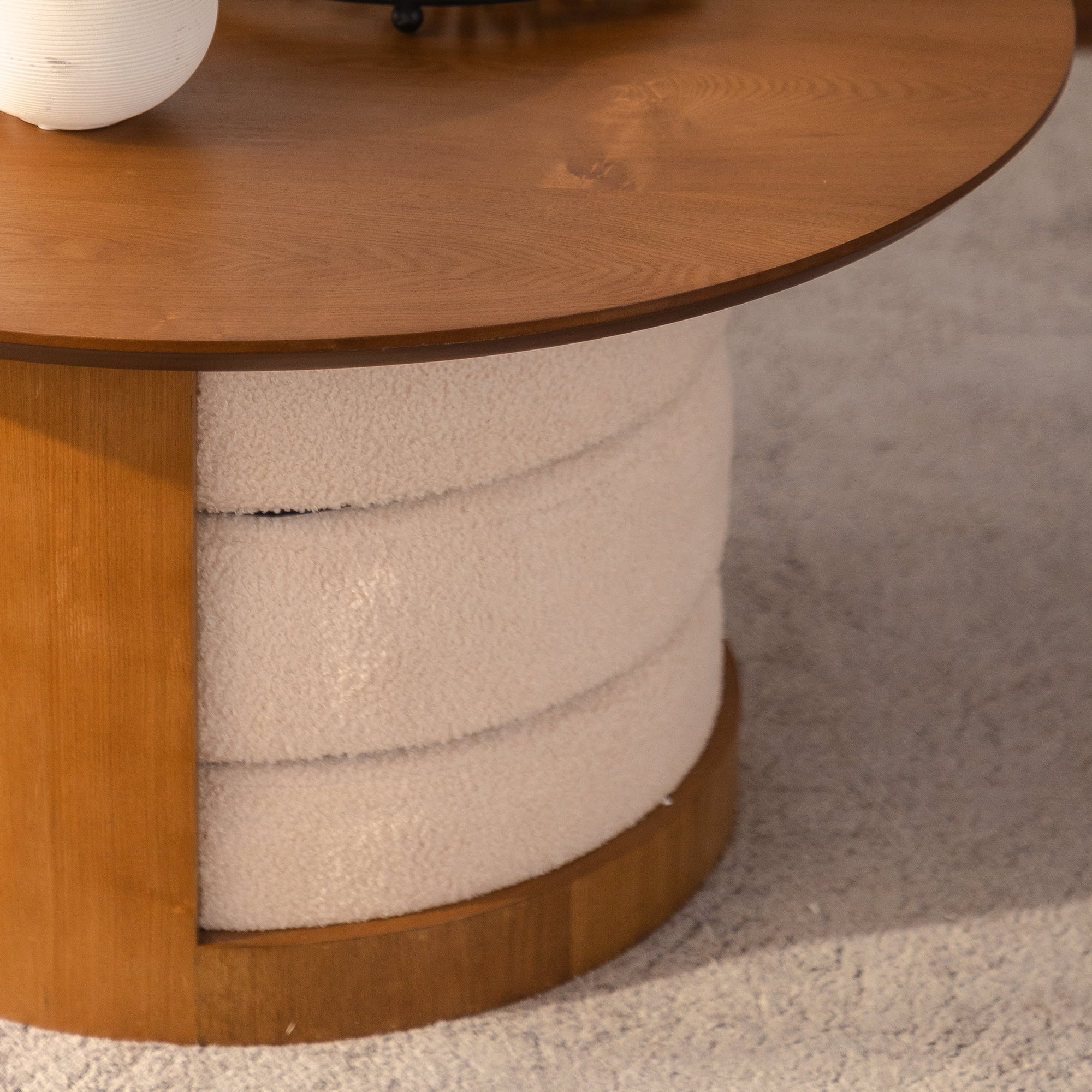 Leumius Round Wood Coffee Table with 3 Teddy Fabric Nesting Stools, Farmhouse Multifunctional Center Table Set with Hidden Storage for Living Room
