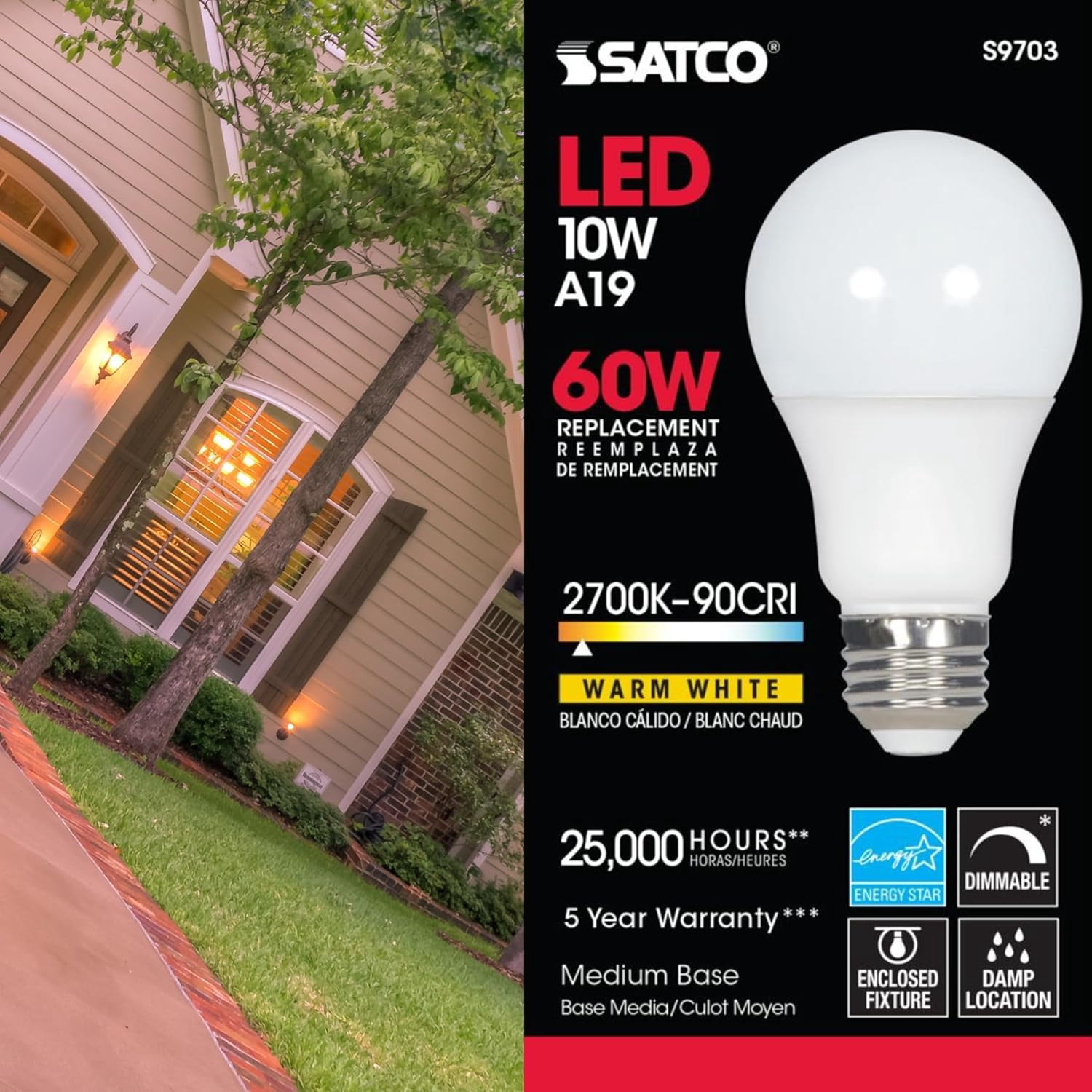 Satco S9703 A19 LED Light Bulbs 10W 120V 90CRI 2700K E26 Medium Base Dimmable (6 Pack)