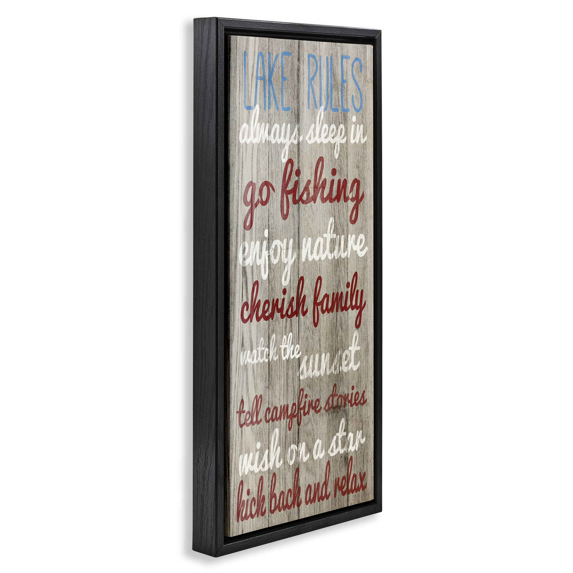 Stupell Industries Rustic Lake Rules Typography Painting Black Floater Framed Canvas Art Print Wall Art, 15 x 31