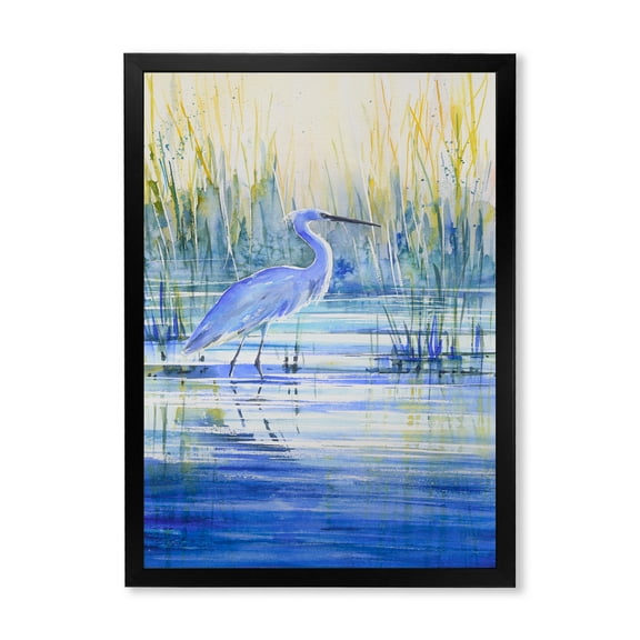Designart 'Blue Heron On The Lake Shore' Traditional Framed Art Print
