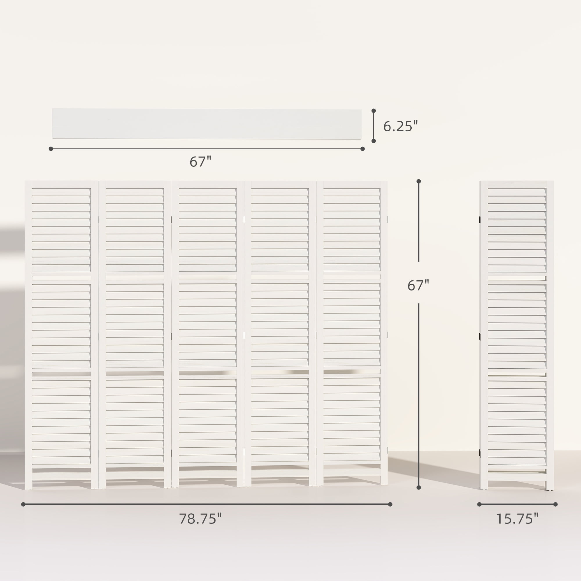 HOMCOM 5 Panel 67" Tall Wood Privacy Screen Room Divider with 3 Display Shelves, and Folding Storage for Bedroom or Home Office, White
