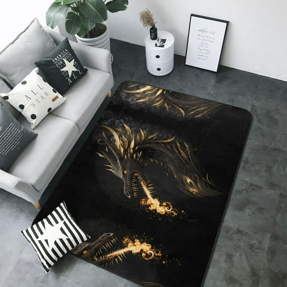 Area Rugs For Living Room Decor - Black and Gold Fire Dragon Soft Anti Slip Throw Washable Rugs 5x7 For Bedroom, Indoor Carpet For Bedroom Living Room 80x58In