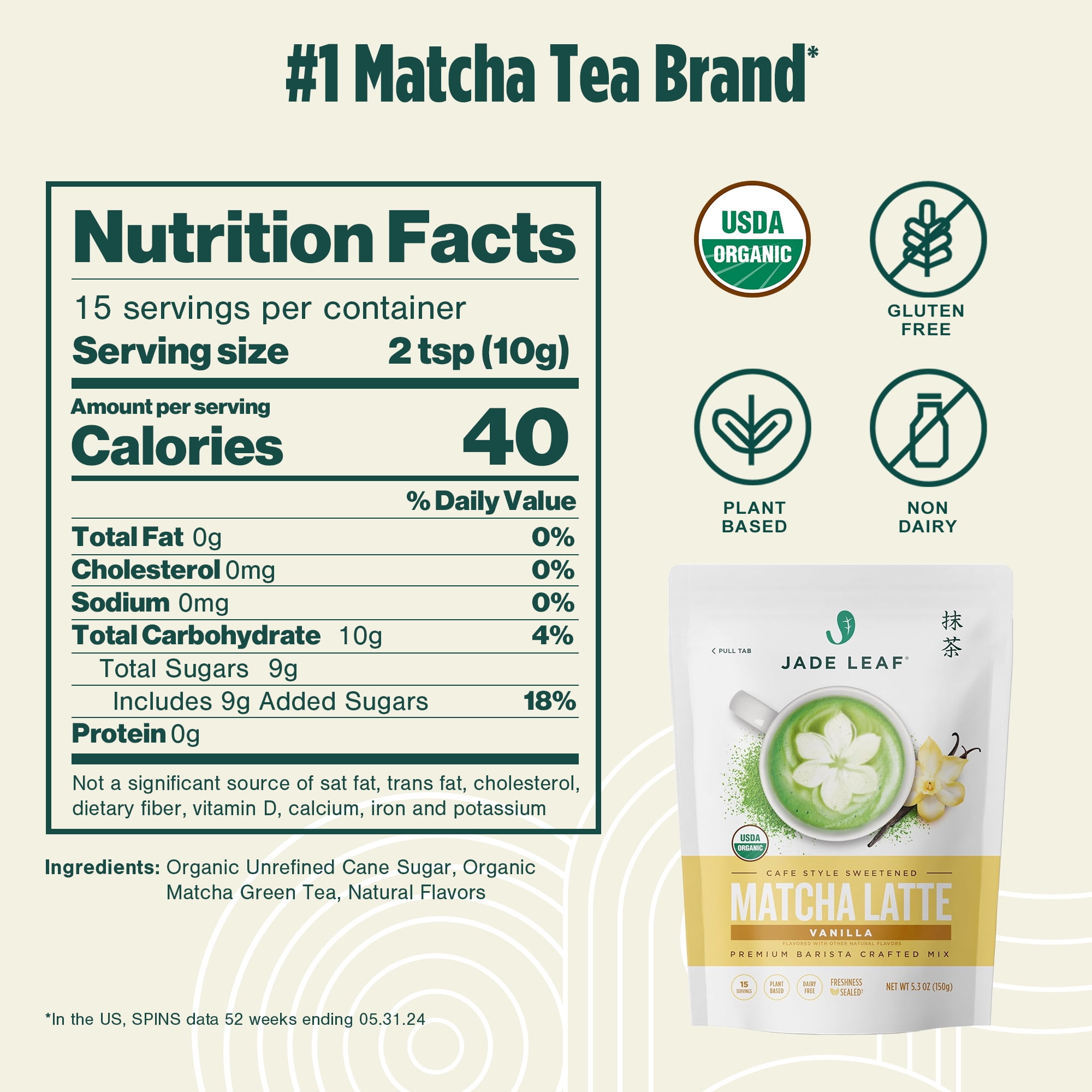(3 pack) Jade Leaf Organic Matcha Latte Mix, Vanilla, Dairy-Free, 5.3 oz Pouch