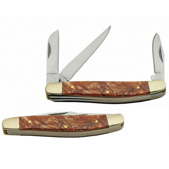 3.5" Red Clay Stockman Pocket Knife with 3 Stainless Steel Blades, Brown Acrylic Handle & Bolsters