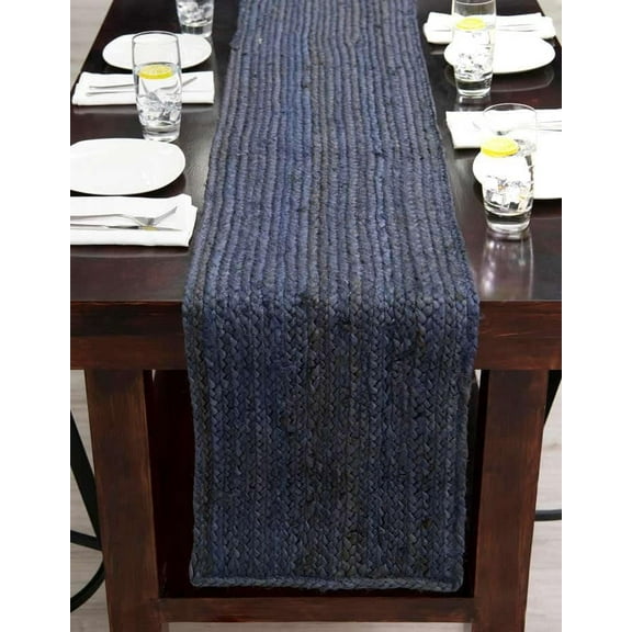 Indian Handmade Navy Blue Jute Table Runner Rug – 13 x 72 – Indian Handwoven Dining Table Décor, Kitchen, Coffee Table – Bohemian Farmhouse Decor