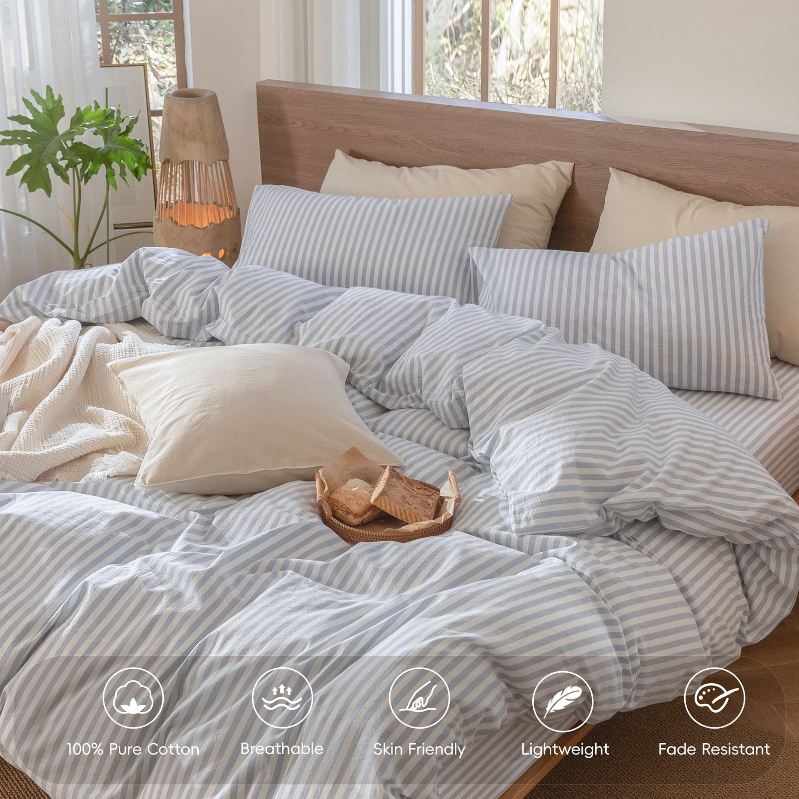 MooMee Striped Duvet Cover Set Full 100% Washed Cotton Linen Like Textured Breathable 3-Piece (Cornflower Blue& White Classic Stripes)