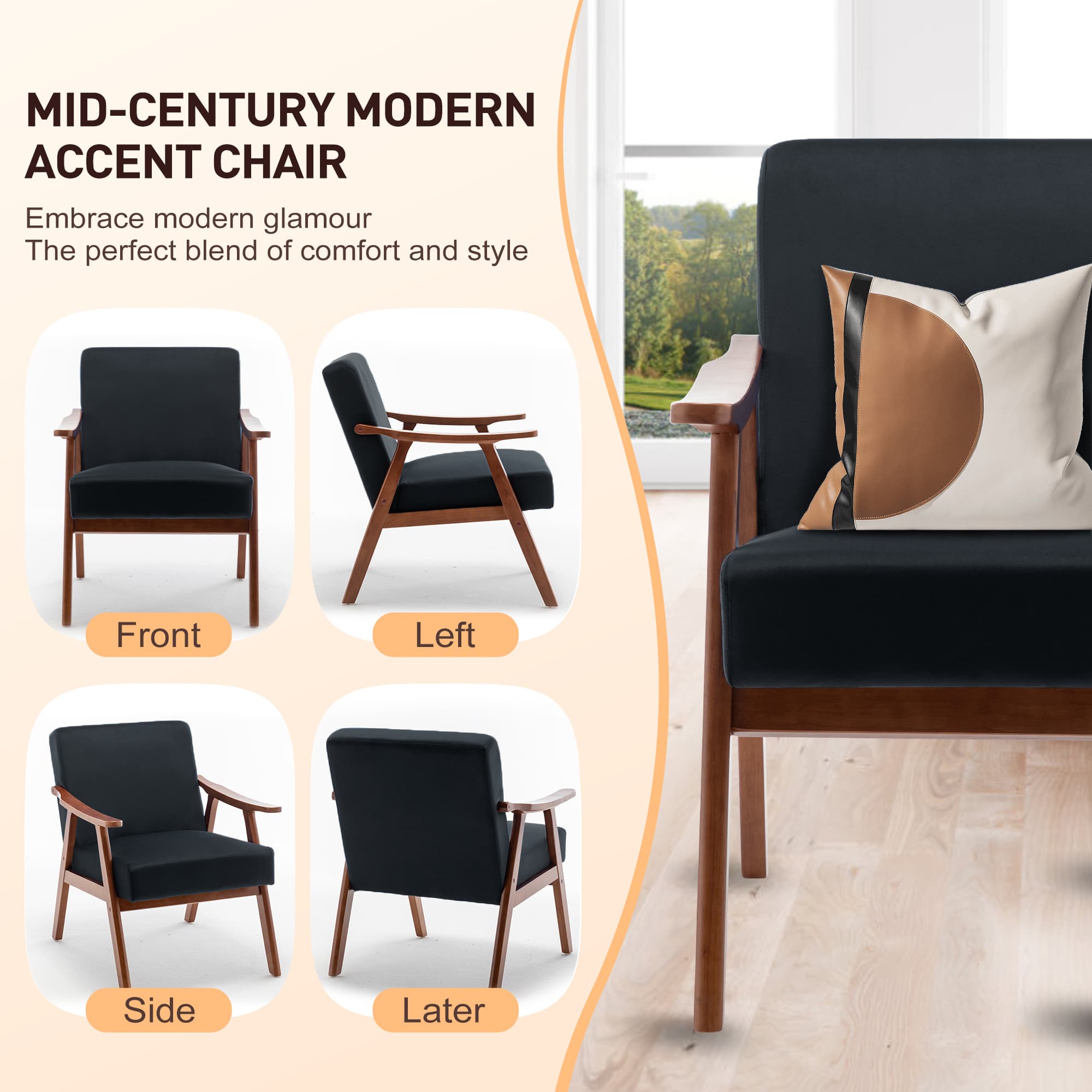 MAYEERTY Mid-Century Modern Chair Solid Wood Frame Accent Chair Extra-Thick Backrest Wingback Lounge Indoor Living Room Bedroom Reading Room